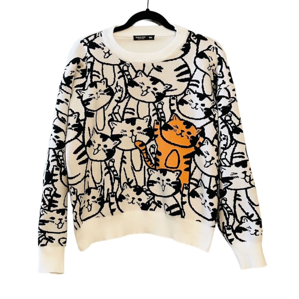 Shein Kitten Print Drop Shoulder Sweater Size XL